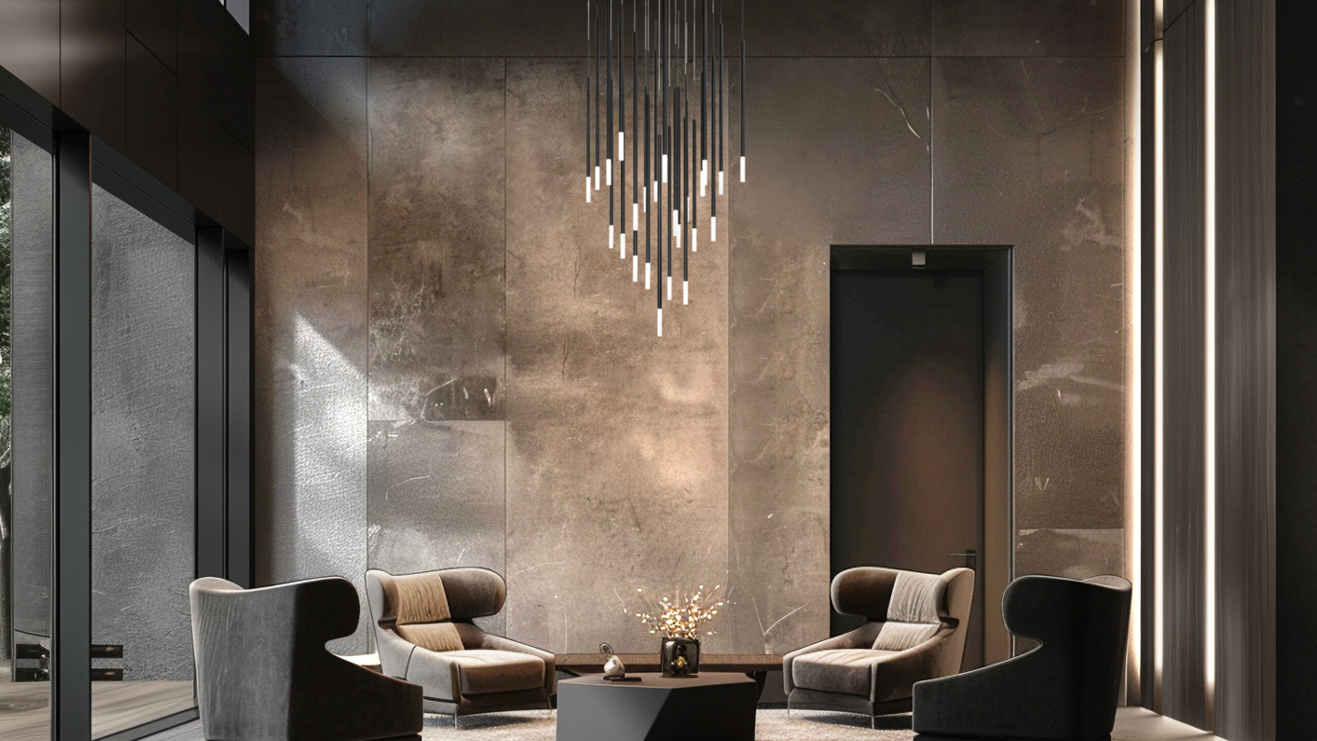 dweLED multi-light pendant over seating area